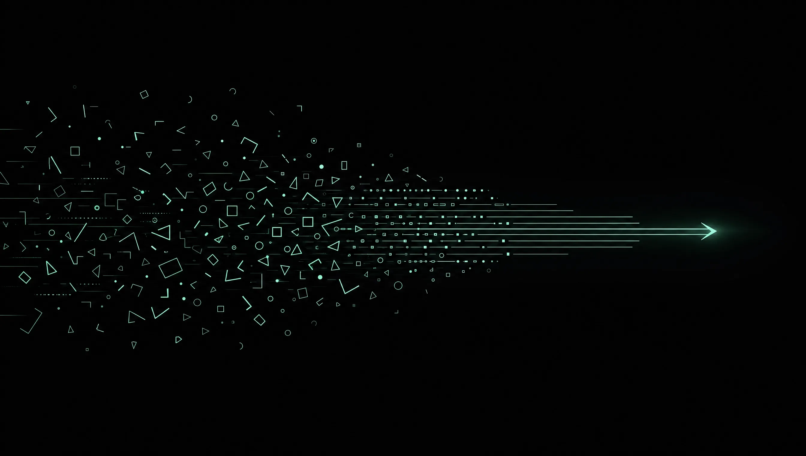 Verstreute geometrische Zeichen-Fragmente, die sich von links nach rechts zu einer einzigen klaren Linie/Pfeil ordnen, mintgrün auf Schwarz
