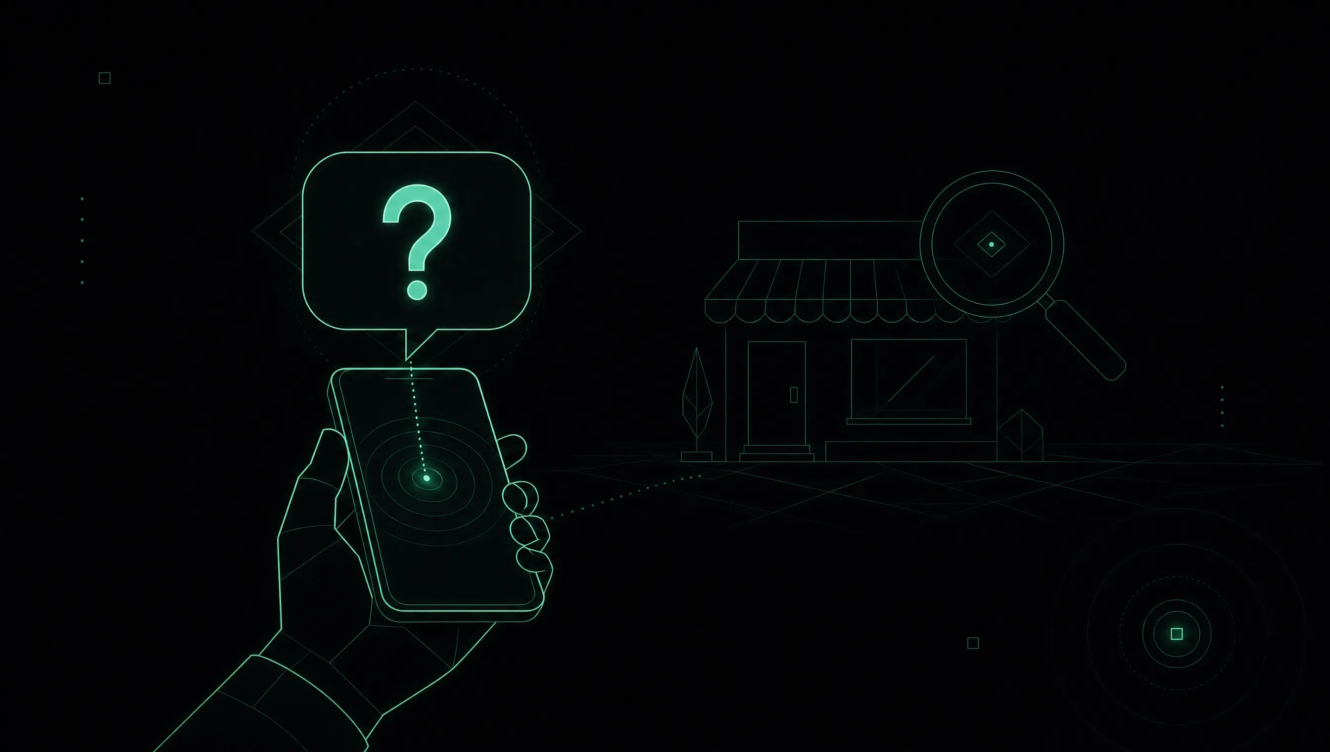 Minimalistische Illustration in Mintgrün auf Schwarz: eine Hand hält ein Smartphone, darüber eine leuchtende Sprechblase mit Fragezeichen; im Hintergrund ein kleines Ladengeschäft mit Lupe — der Selbsttest, ob die KI den eigenen Betrieb kennt.