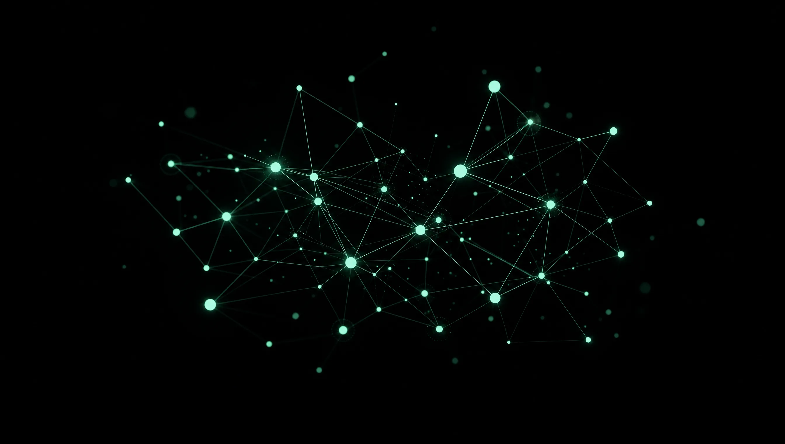 Abstraktes mintgrünes Wissensnetz aus verknüpften Punkten auf schwarzem Hintergrund