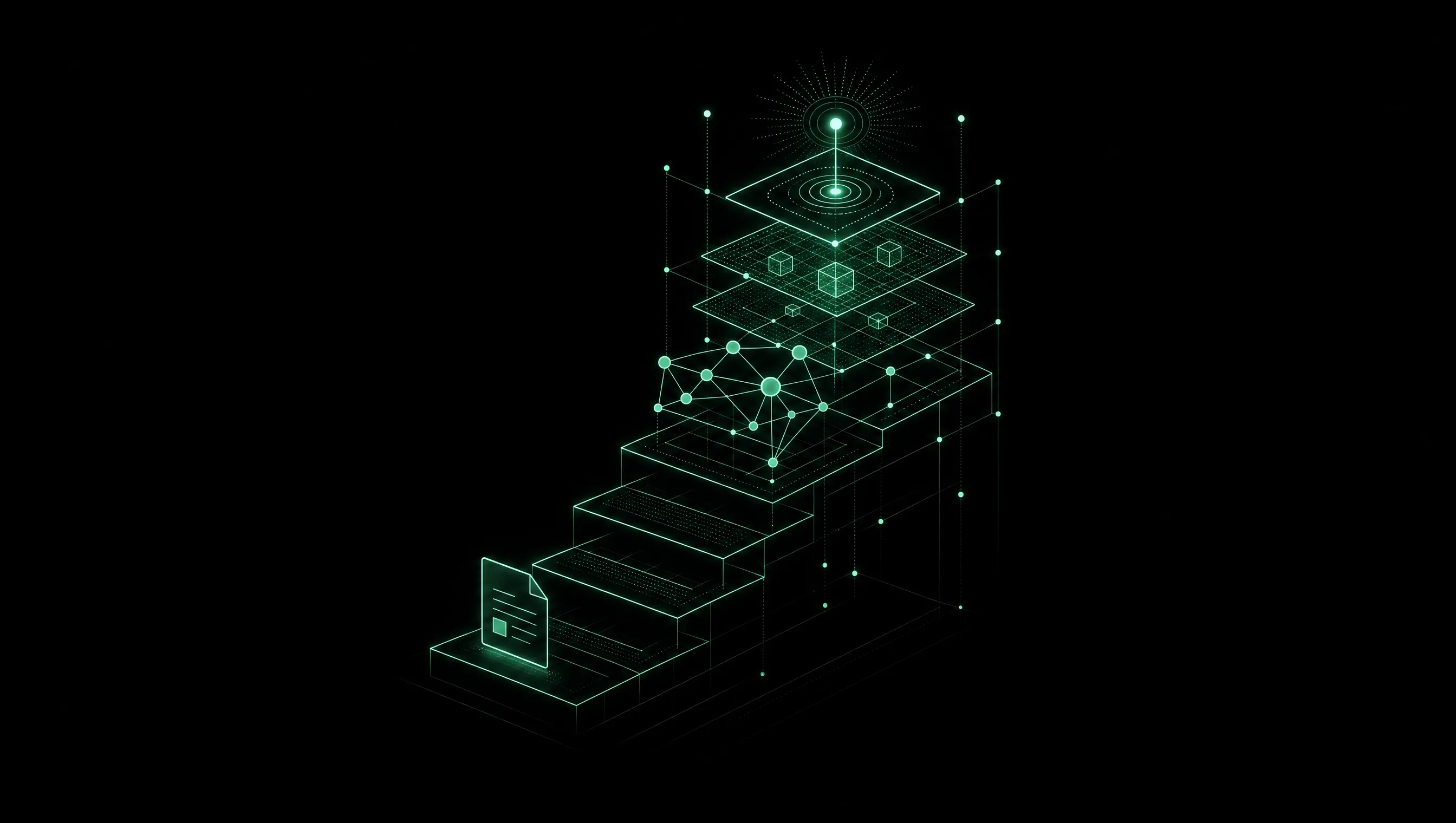 Minimalistische Illustration in Mintgrün auf Schwarz: ein einzelnes Dokument-Symbol auf der untersten Stufe einer Treppe, die in eine komplexere Struktur aus vernetzten Knoten, Datenebenen und einem strahlenden Endpunkt hinaufführt.
