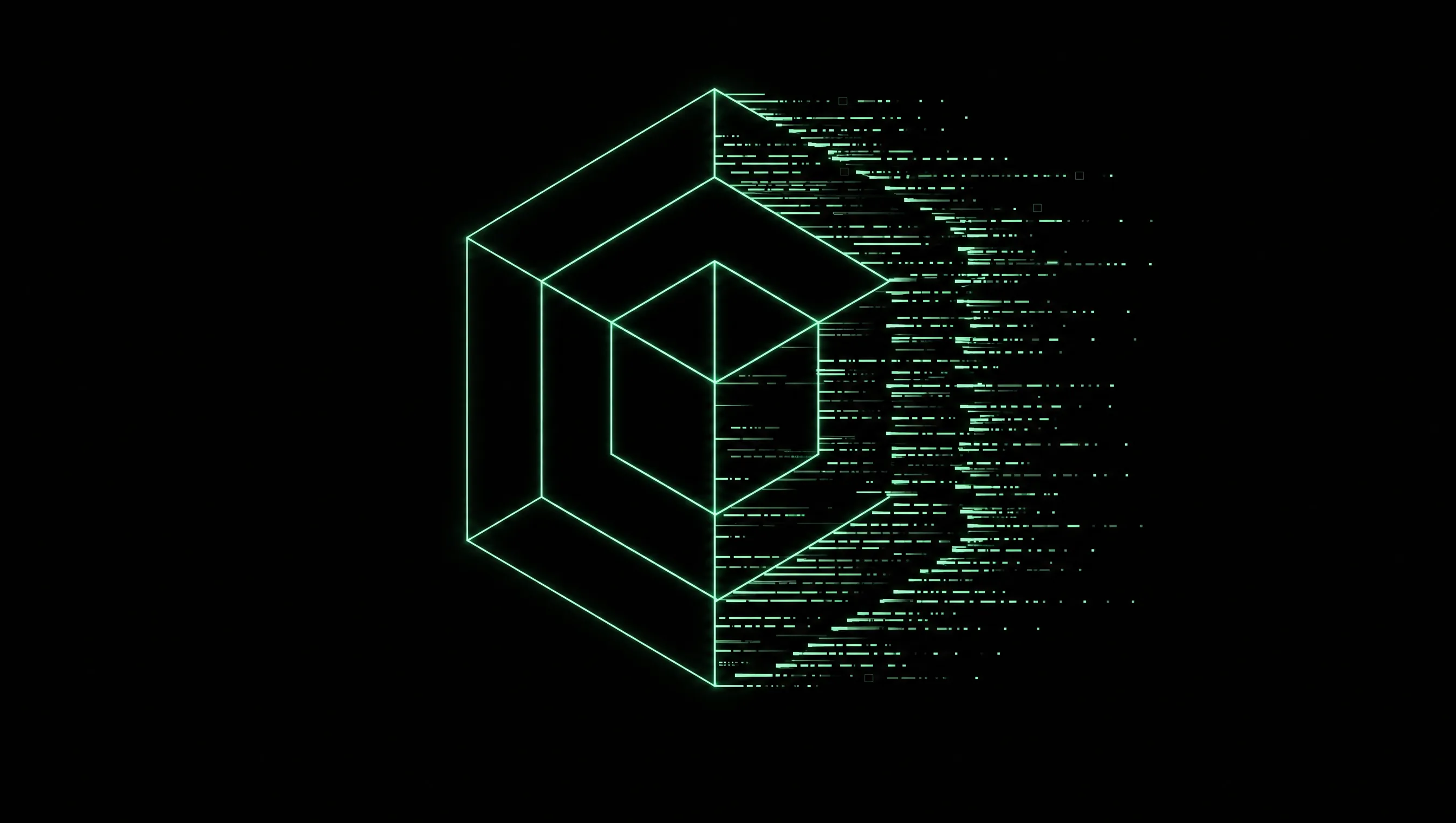 Eine klare geometrische Logoform in Mintgrün auf schwarzem Grund, deren rechte Kante in feine, gestapelte Codezeilen zerfällt — Sinnbild dafür, dass ein SVG ausführbaren Code enthalten kann.