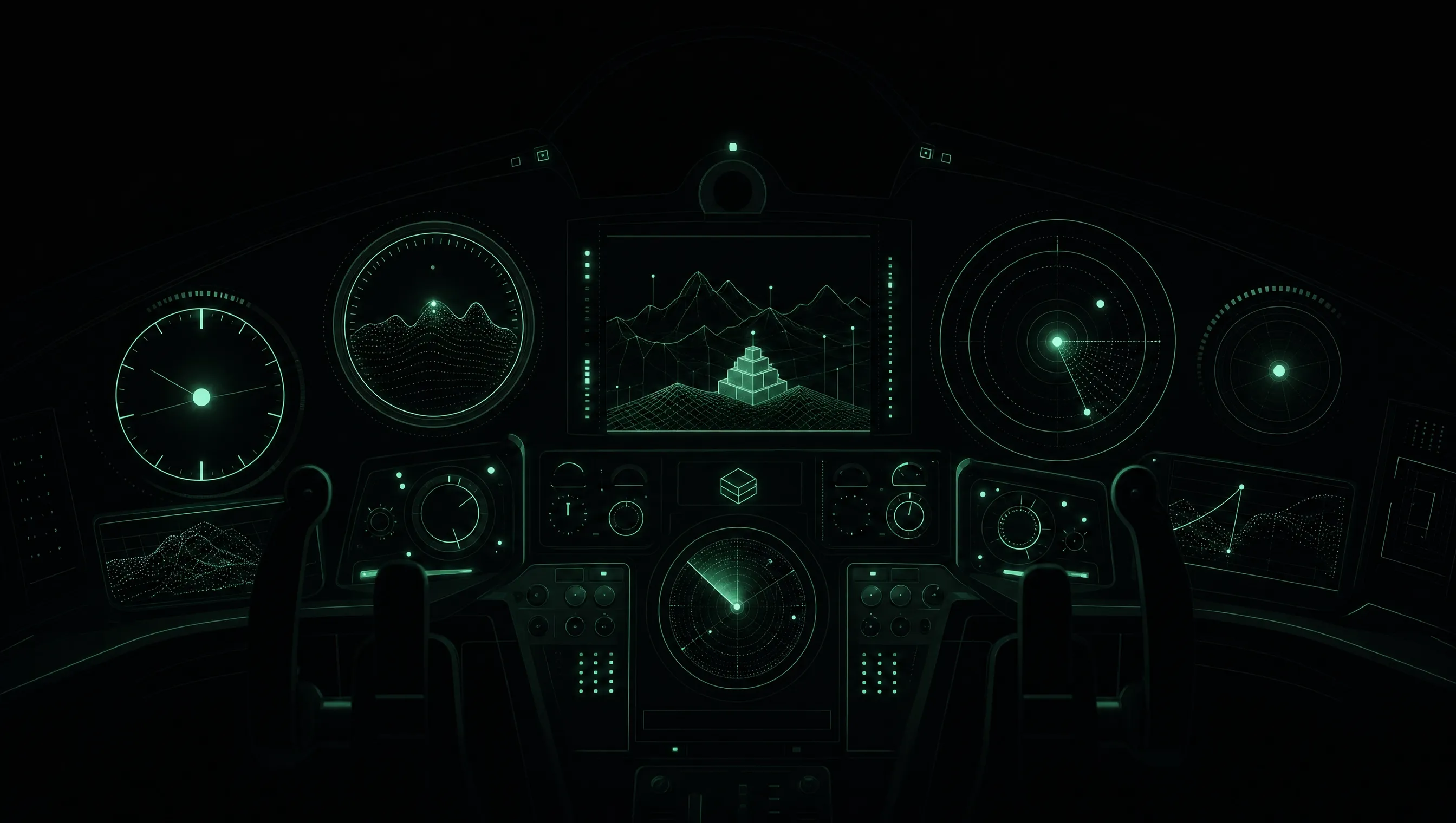 Abstrakte, mintgrün leuchtende Instrumententafel auf schwarzem Grund als Sinnbild für ein digitales Sichtbarkeits-Cockpit